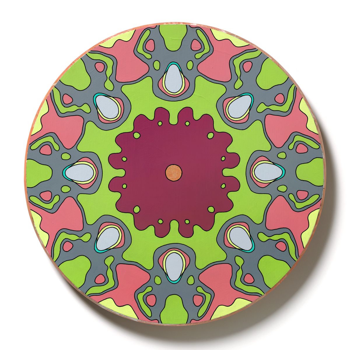 <br/>Temescal Bedrock, 2023<br/>18" diameter<br/>acrylic, opaque marker and glitter on wood